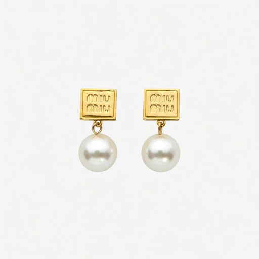 Gold Miu Miu square tag pearl drop earrings with hanging white pearls
