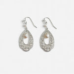 Silver-tone teardrop filigree earrings with freshwater pearl in an openwork setting