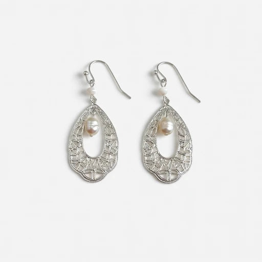 Silver-tone teardrop filigree earrings with freshwater pearl in an openwork setting
