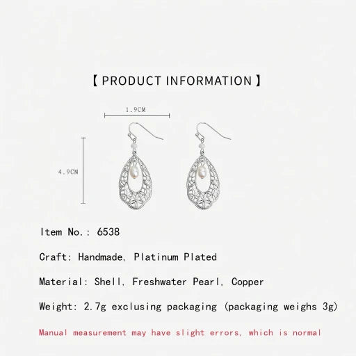 Pair of teardrop filigree earrings with a freshwater pearl drop, silver-tone hooks