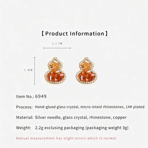 Amber orange crystal gourd stud earrings with micro-set rhinestone sparkle, gold-tone posts
