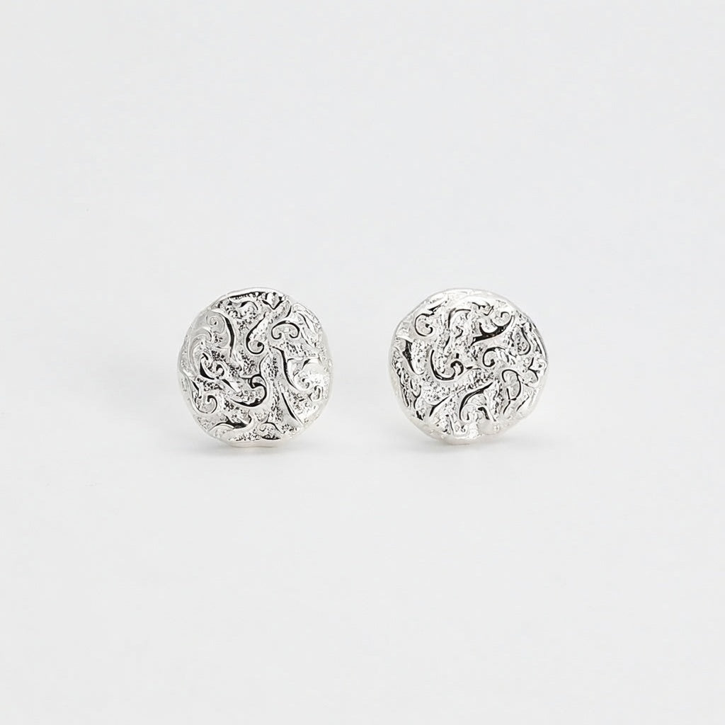 S925 sterling silver filigree stud earrings, round cloud swirl pattern, small post