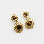 Gold-tone sunburst drop earrings with dark brown cabochon discs and small top studs