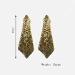 Gold tone sequin statement drop earrings with round studs, faceted fringe