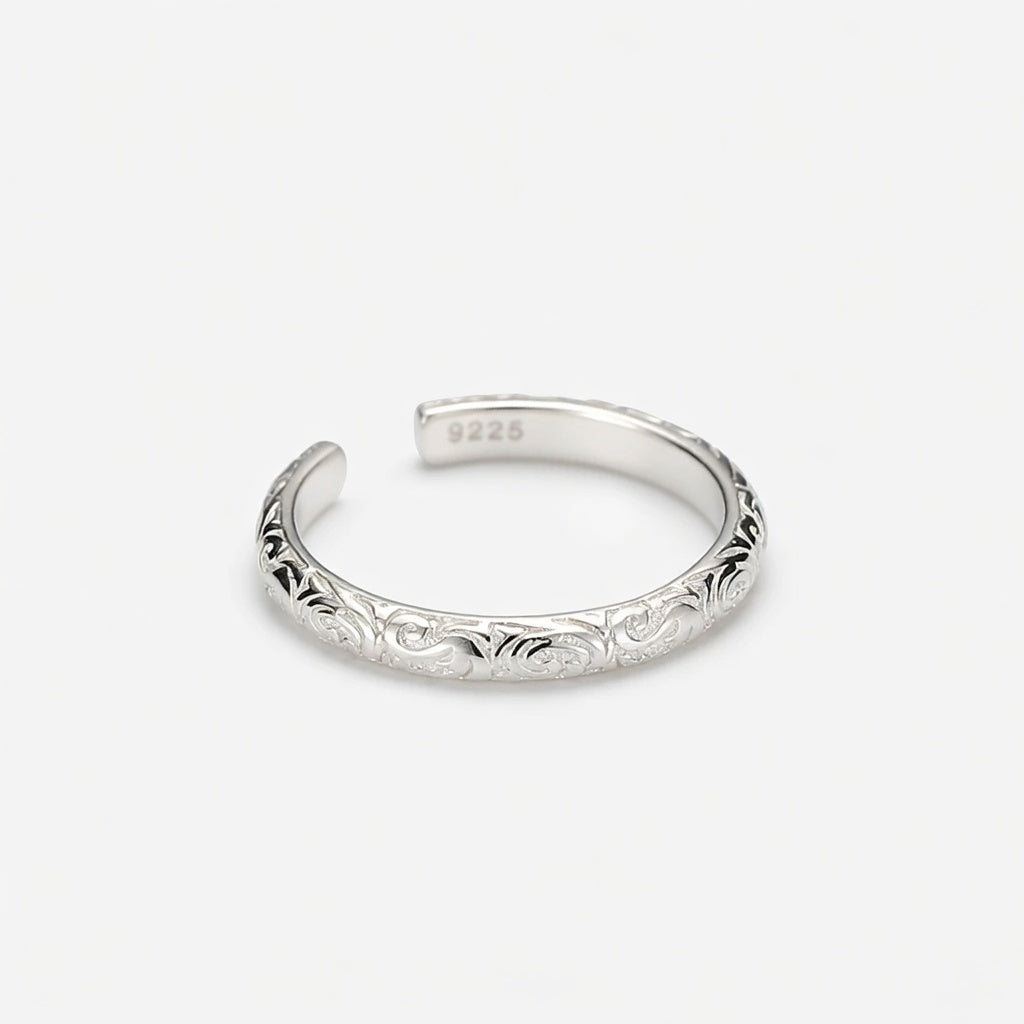 925 sterling silver open ring with tang grass pattern and 9225 stamp