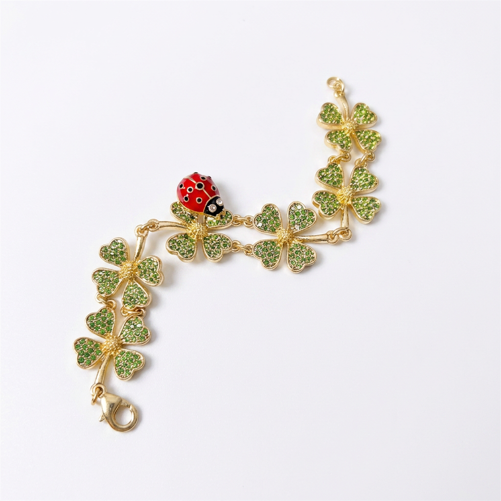 Gold-tone bracelet with green enamel four-leaf clover charms and red ladybug detail