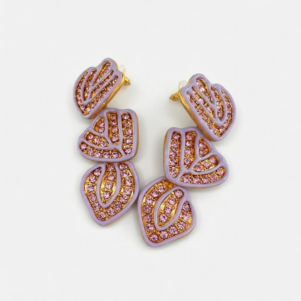 Purple enamel leaf pendant earrings with gold-tone heart leaf designs