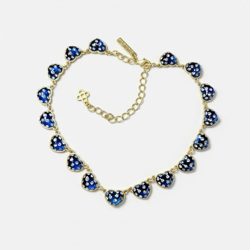 Heart rhinestone necklace, blue heart pendants on gold-tone chain