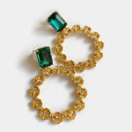 Large round hoop earrings with floral zircon and gold-tone setting, green rectangular stones