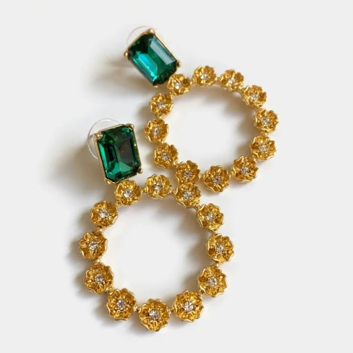 Large round hoop earrings with floral zircon and gold-tone setting, green rectangular stones