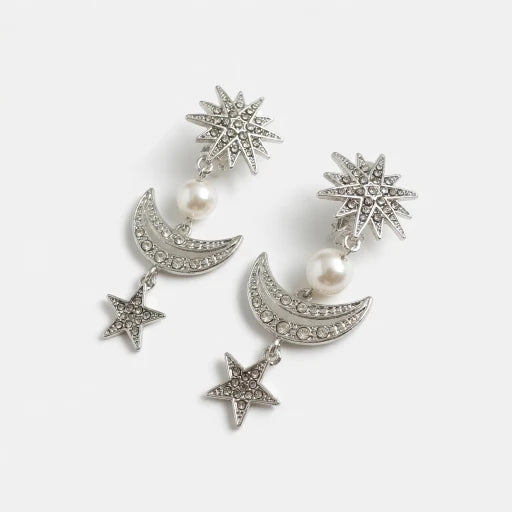 Silver diamond-studded star and crescent moon pendant earrings with faux pearls
