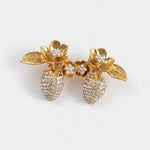 Gold-tone clip-on earrings with pearl-like strawberry and floral detailing