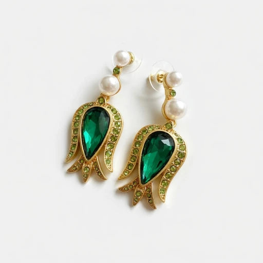 Gold-tone tulip flower pendant earrings with green teardrop stones, crystal border, pearl drops
