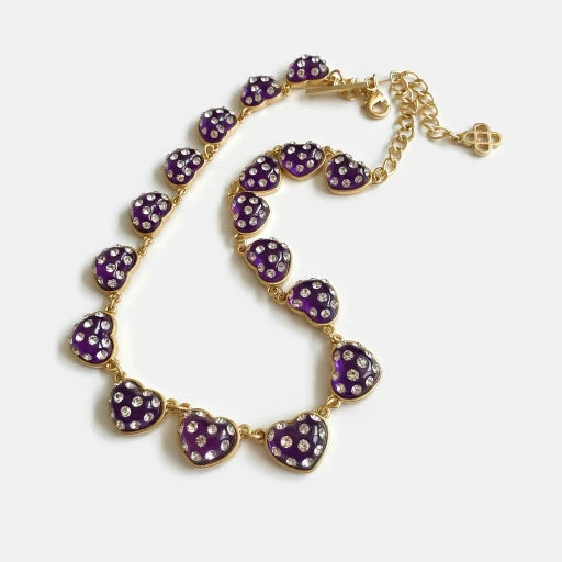 Heart rhinestone necklace, purple heart pendants on gold-tone chain