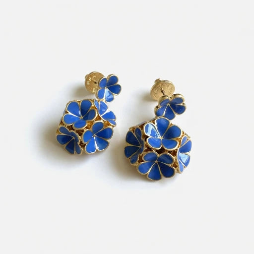 Blue enamel hydrangea stud earrings with gold-tone petal details