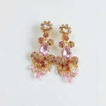 Long clip-on rhinestone tassel earrings with pink stones and crystal drops