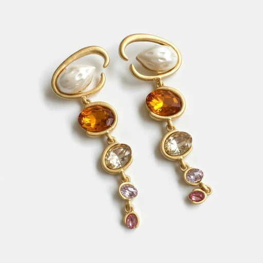 Long crystal drop earrings with amber orange gem drops and clear stones, gold-tone loops