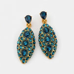 Teal and deep blue teardrop clip-on earrings with full crystal pavé bezels