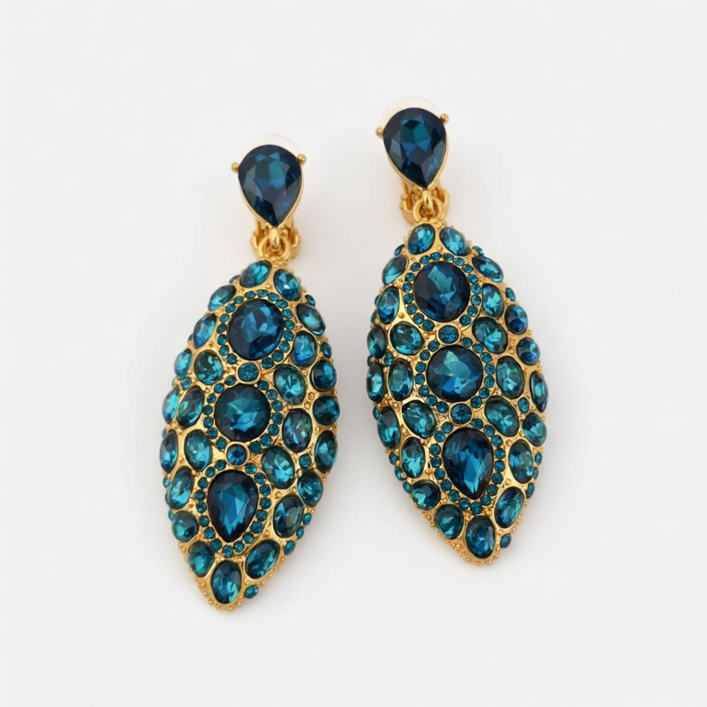 Teal and deep blue teardrop clip-on earrings with full crystal pavé bezels