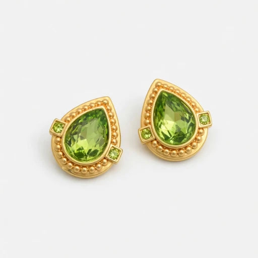 Gold heart-shaped crystal clip-on earrings with lime-green stones and green accents