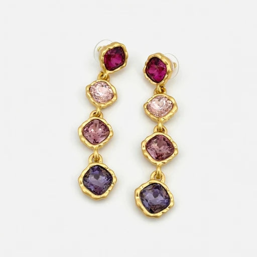 Gold-tone square drop earrings with purple crystal stones, four squares