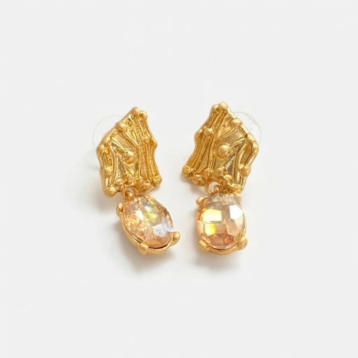 Oscar de la Renta crystal drop earrings, gold studs with light champagne oval drops