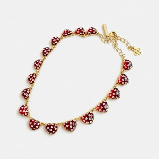 Heart rhinestone necklace, red heart pendants with rhinestones on gold-tone chain