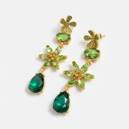Green floral crystal teardrop earrings with gold-tone flower settings
