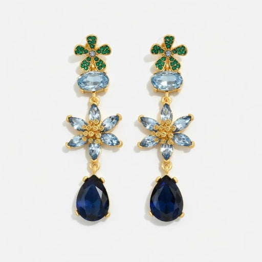 Blue floral crystal teardrop earrings with gold-tone flower and teardrop stones