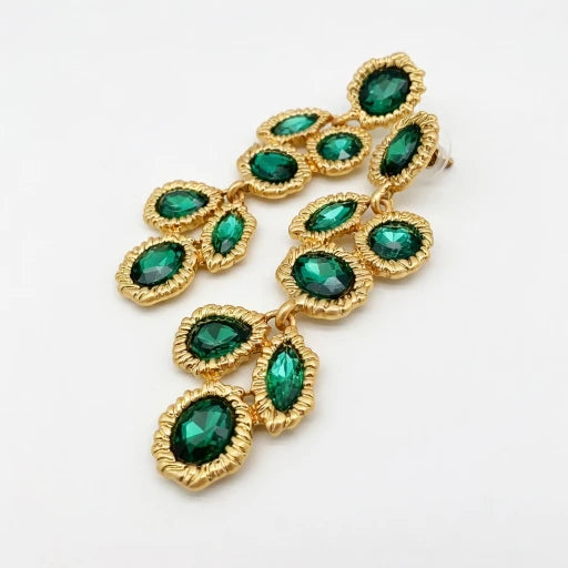 Long vintage crystal drop earrings, gold-toned with green oval stones