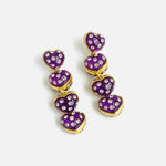 Gold-tone heart drop earrings with purple enamel and clear rhinestones, dangling hearts