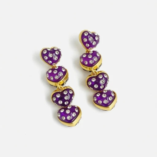 Gold-tone heart drop earrings with purple enamel and clear rhinestones, dangling hearts