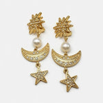 Gold diamond-studded star and crescent moon pendant earrings with faux pearls