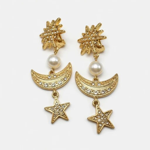 Gold diamond-studded star and crescent moon pendant earrings with faux pearls