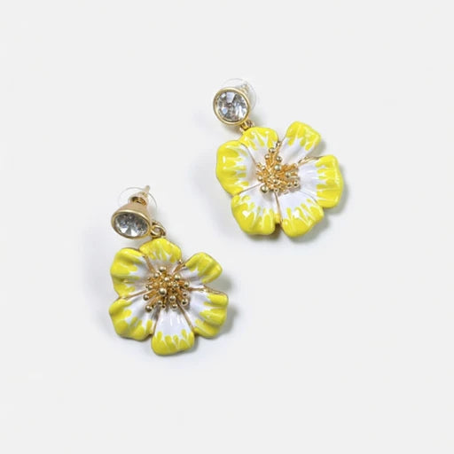 Vintage enamel cherry blossom earrings, yellow and white flower enamel with gold-tone crystal studs