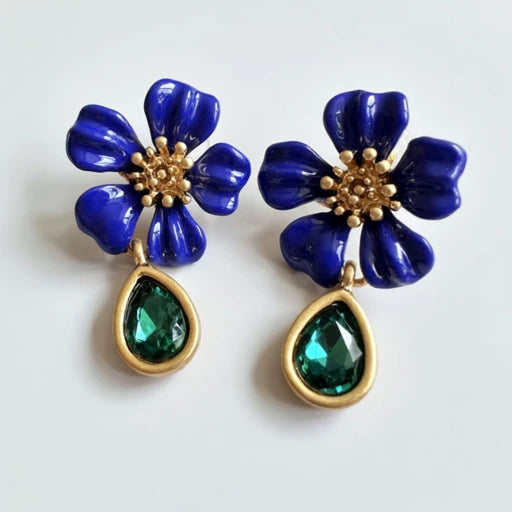 Floral enamel stud earrings, blue flower with gold details and green teardrop crystal drops