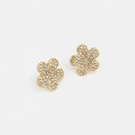 Floral stud earrings with gold setting and clear white gem clusters