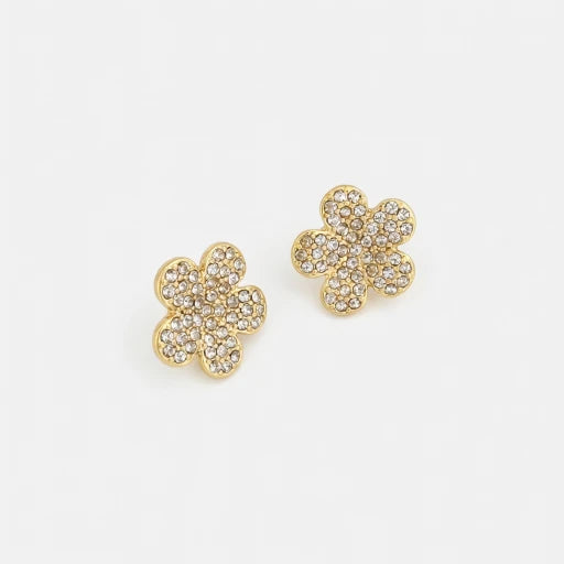 Floral stud earrings with gold setting and clear white gem clusters