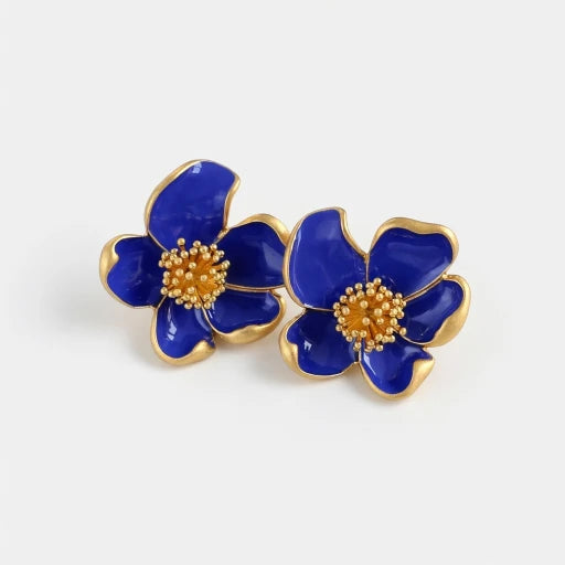 Oscar de la Renta enamel floral stud earrings, dark blue enamel flowers with gold-tone outlines and bead centers.