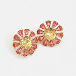 Pink flower stud earrings with yellow round center diamonds and pink crystal petals