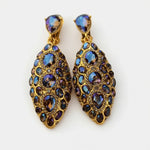 Blue and purple teardrop clip-on earrings with faceted crystal cluster designs
