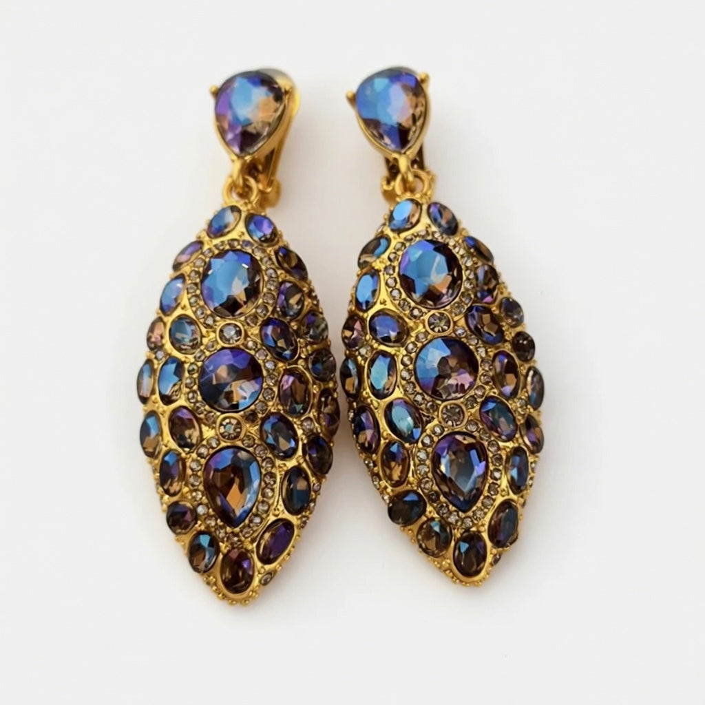 Blue and purple teardrop clip-on earrings with faceted crystal cluster designs