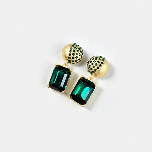 Gold-tone earrings with green square crystal pendants and round stud tops