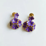 Purple enamel hydrangea stud earrings with gold-tone petal details