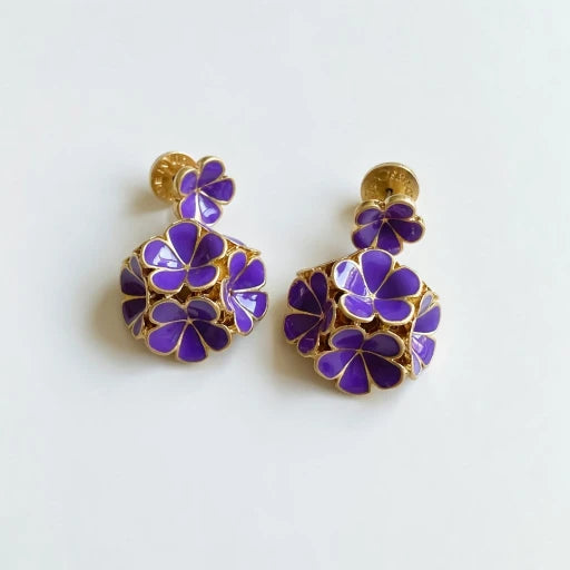 Purple enamel hydrangea stud earrings with gold-tone petal details