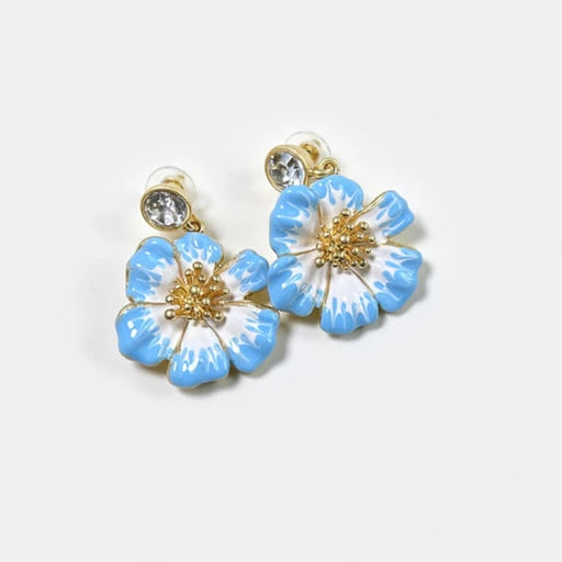 Vintage enamel cherry blossom earrings, light blue and white flower enamel with gold-tone crystal studs