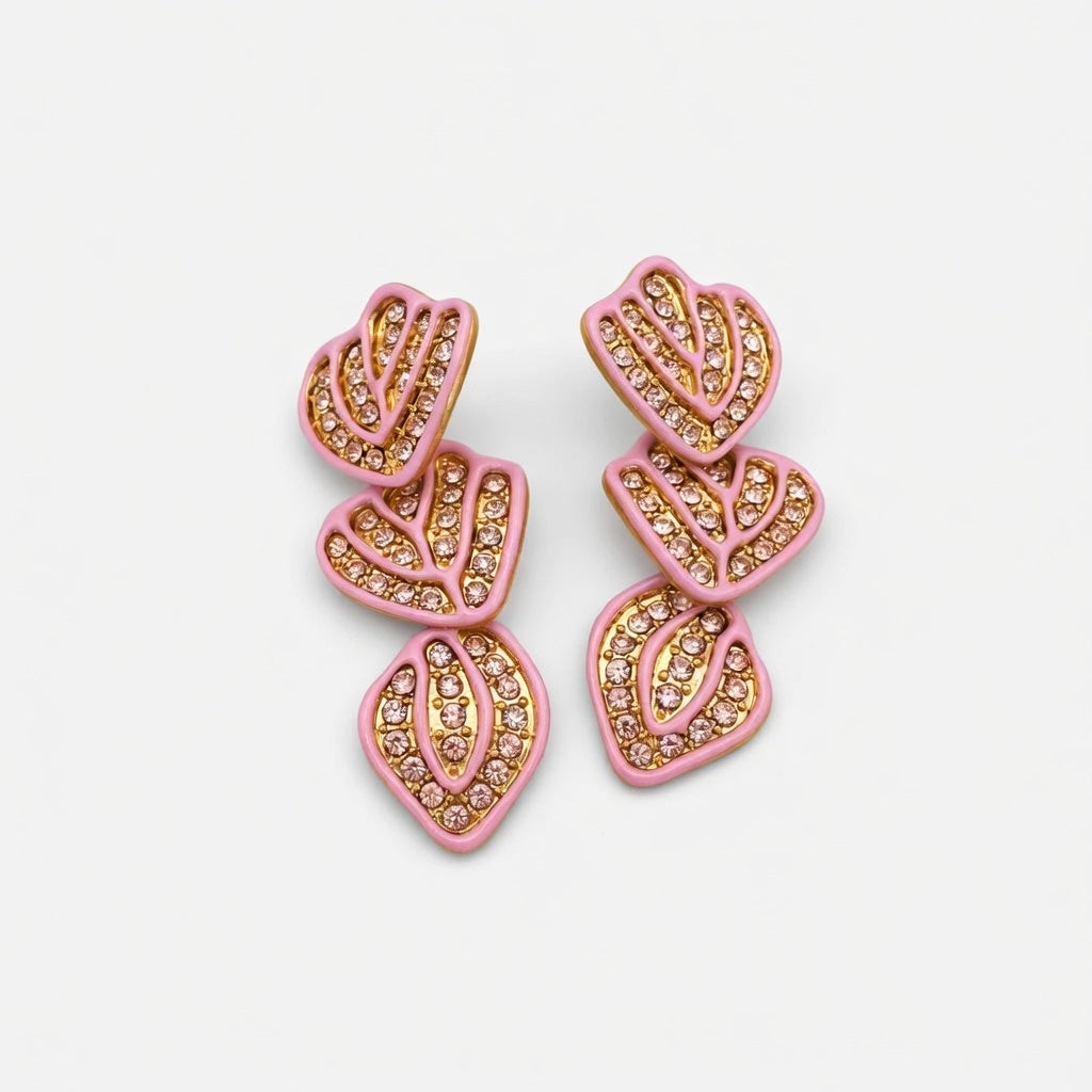 Pink enamel leaf pendant earrings with gold-tone heart leaf designs