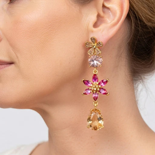 Multicolor floral crystal teardrop earrings with pink, purple, and clear stones