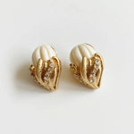 Ice cream enamel stud earrings, gold-tone hearts with white striped scoops