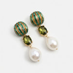 Oscar de la Renta pearl crystal water-drop earrings with green oval stones